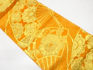 扇に牡丹唐草・花模様織り出しリバーシブル全通袋帯